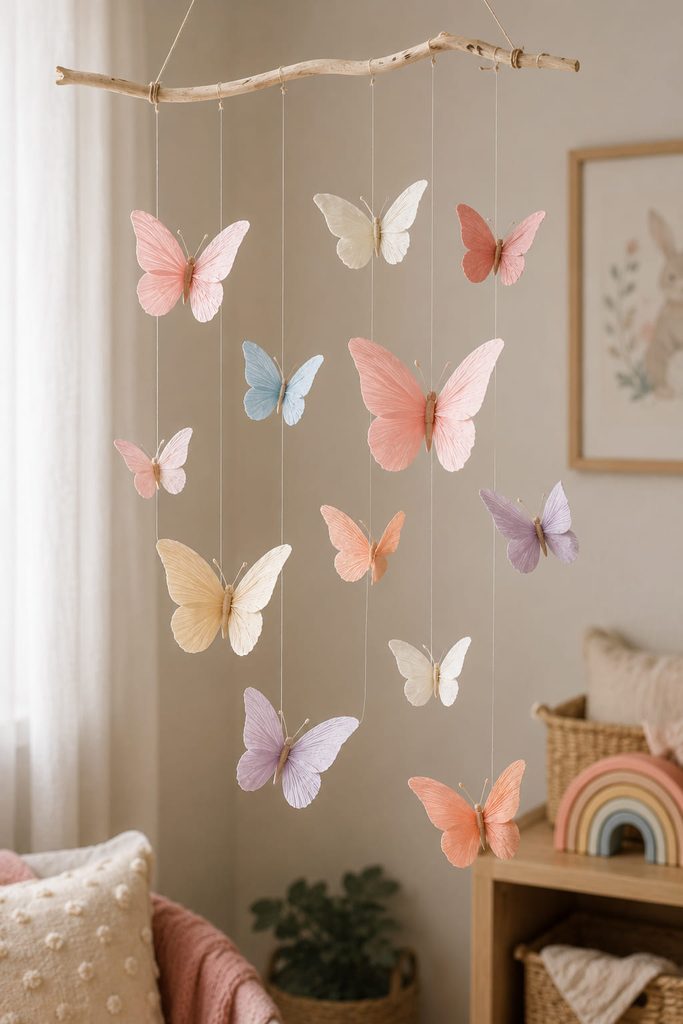 Curved crepe paper butterflies suspended at varied heights from a light wood branch.