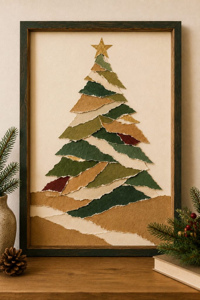 Framed torn paper Christmas tree collage with layered deckled edges and open negative space.