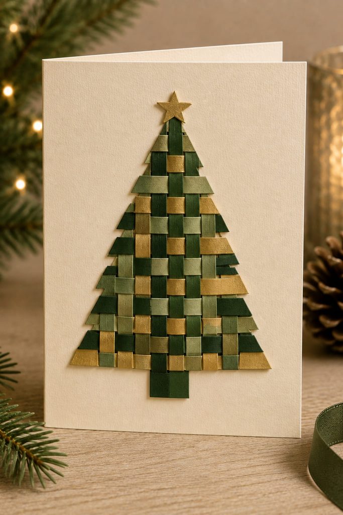 Woven paper Christmas tree card with alternating green and muted-gold over-under strips.