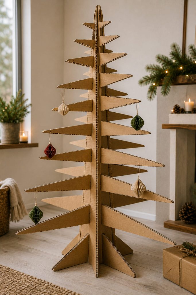 Architectural cardboard Christmas tree built from a central spine and slotted branch ribs.