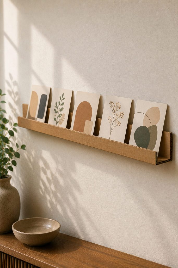 Folded cardboard wall ledge with a retaining lip displaying lightweight postcards and small paper prints.