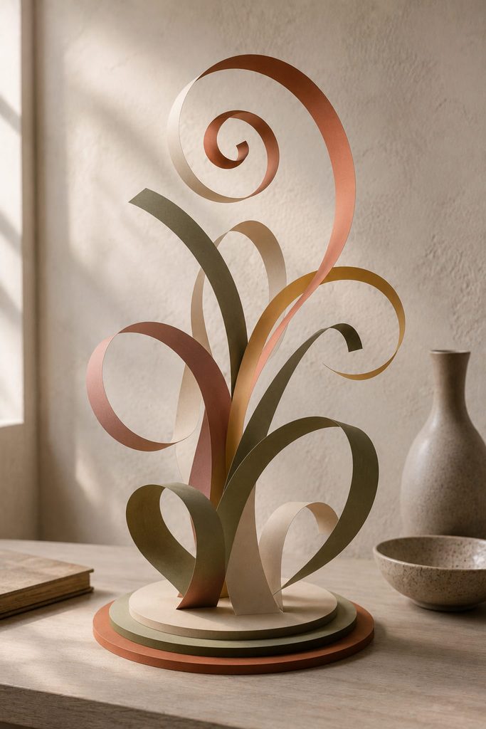 Freestanding paper sculpture with curved cardstock spirals rising from a broad stable base.