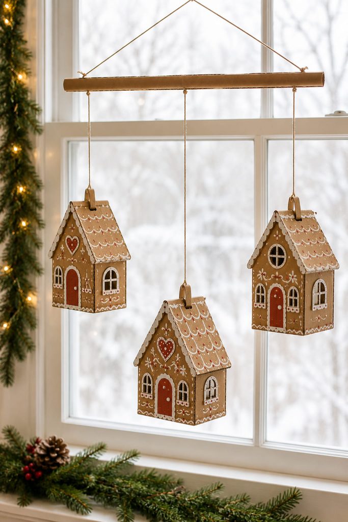 Balanced window mobile with several lightweight cardboard gingerbread houses hanging from separate threads.