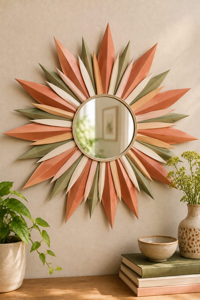 Folded cardstock sunburst rays surrounding a small round mirror on a rigid wall backer.