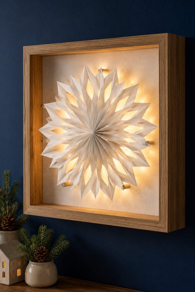 White snowflake mounted in front of vellum inside a softly LED-backlit winter display box.