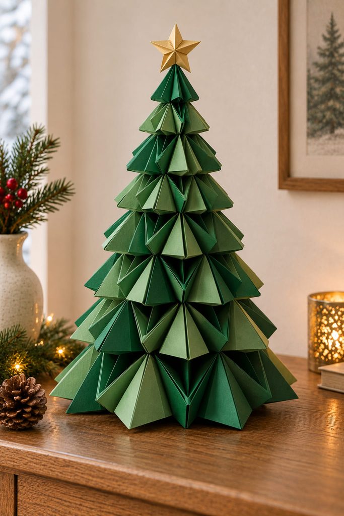 Modular origami Christmas tree built from nested faceted green paper units on a console.