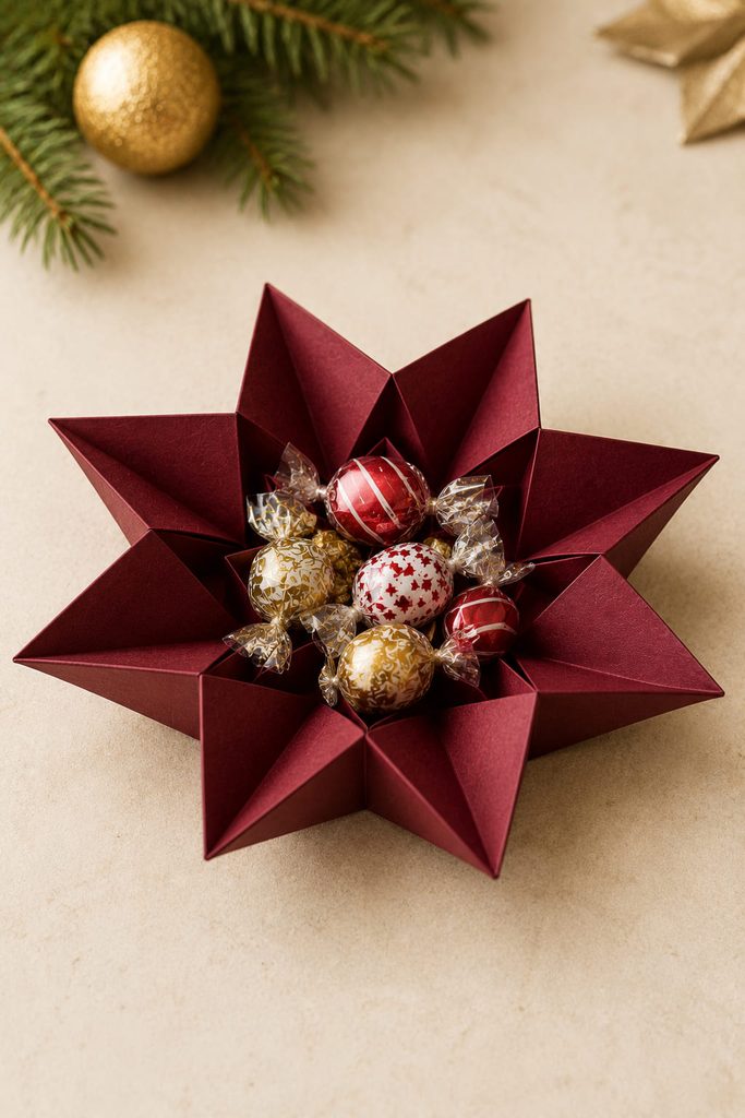 Burgundy star-shaped origami dish holding a few wrapped Christmas candies.