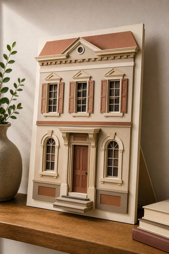 Freestanding paper house facade with recessed windows, layered trim, and a rear support.