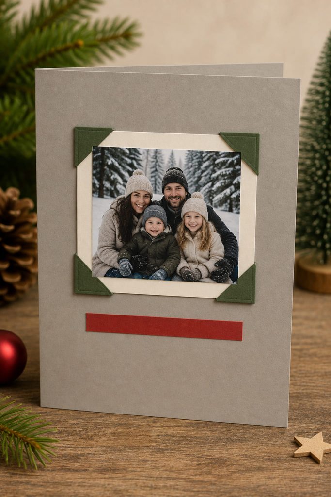 Warm-gray Christmas keepsake card with a small photo held by four folded green paper corners.