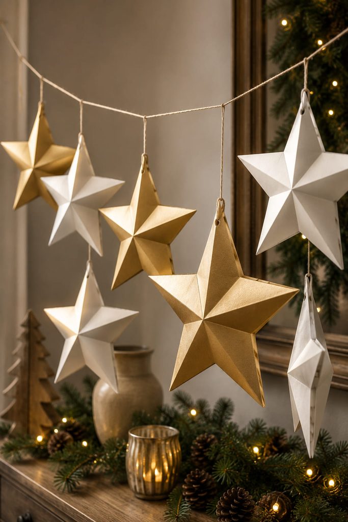 Double-sided puffed paper pillow stars with faceted scored surfaces.