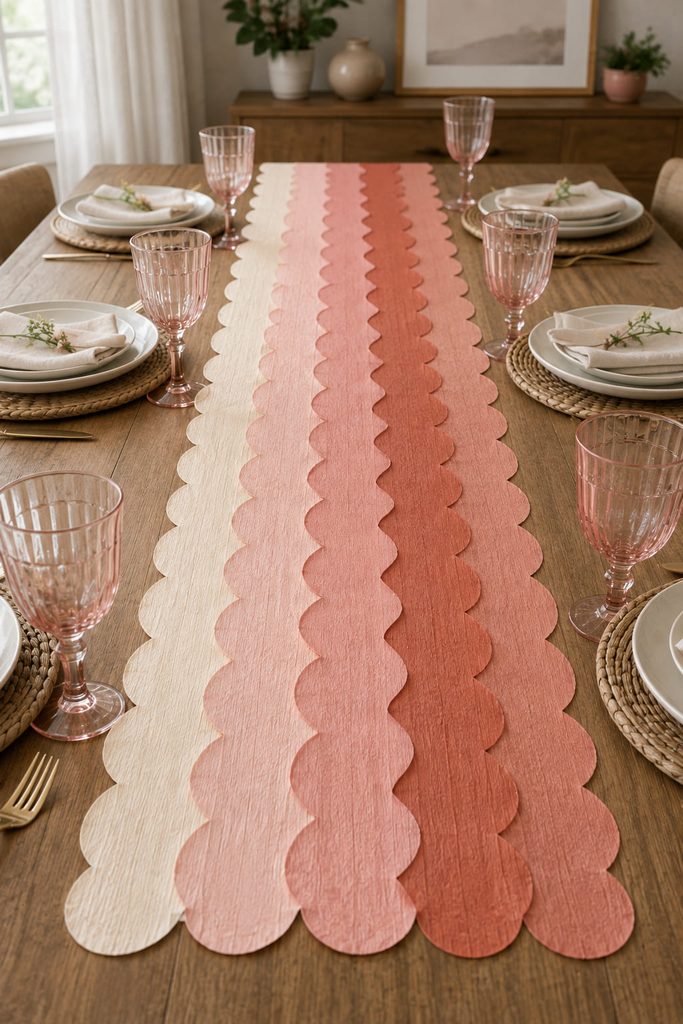 Overlapping scalloped crepe paper bands forming a low decorative table runner.