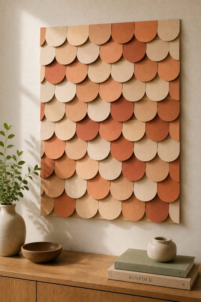 Staggered rows of overlapping scalloped paper tiles forming a textured wall panel.