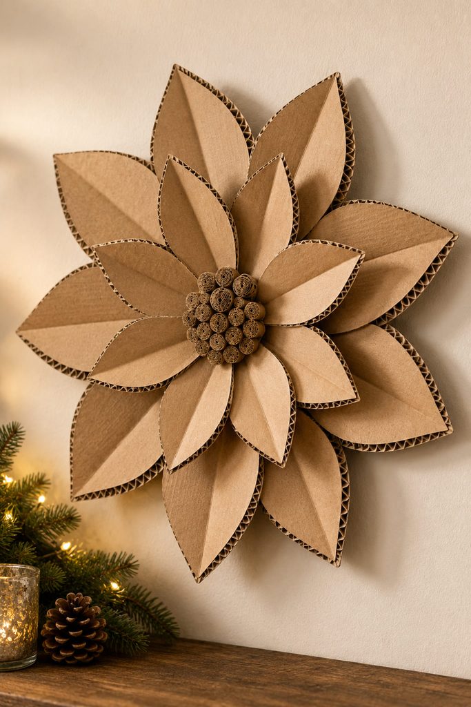 Sculpted corrugated cardboard poinsettia with layered petals and exposed fluted edges.