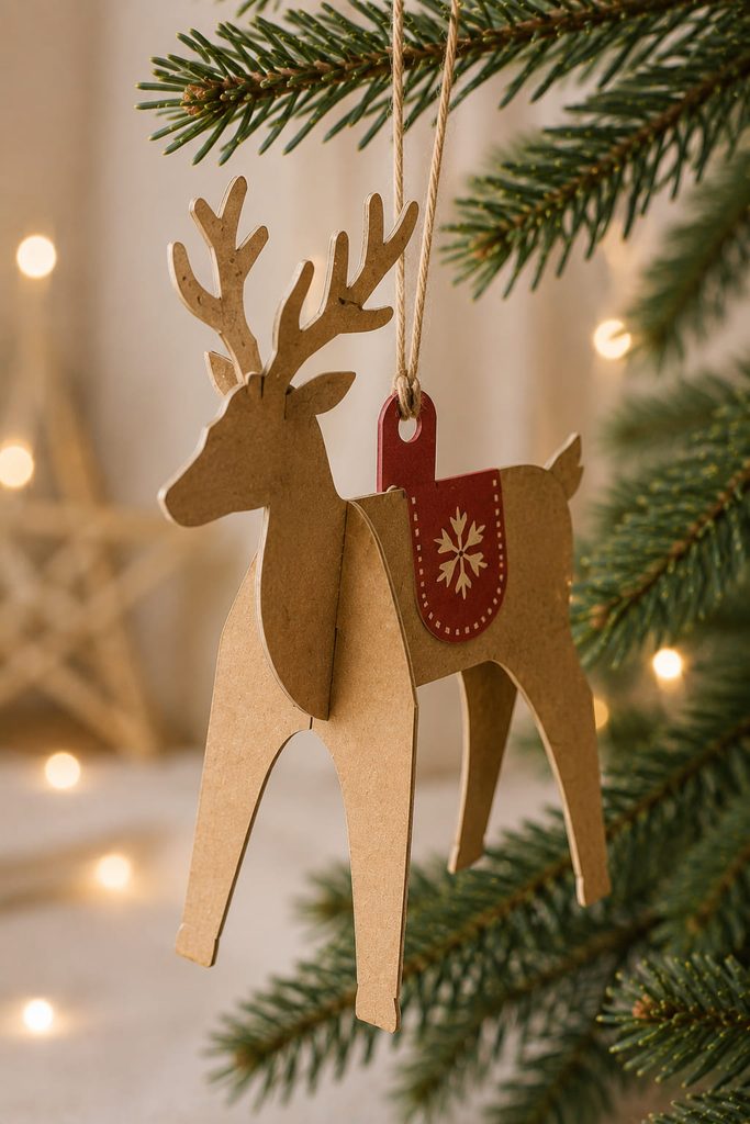 Slot-fit cardstock reindeer ornament made from two intersecting profiles.