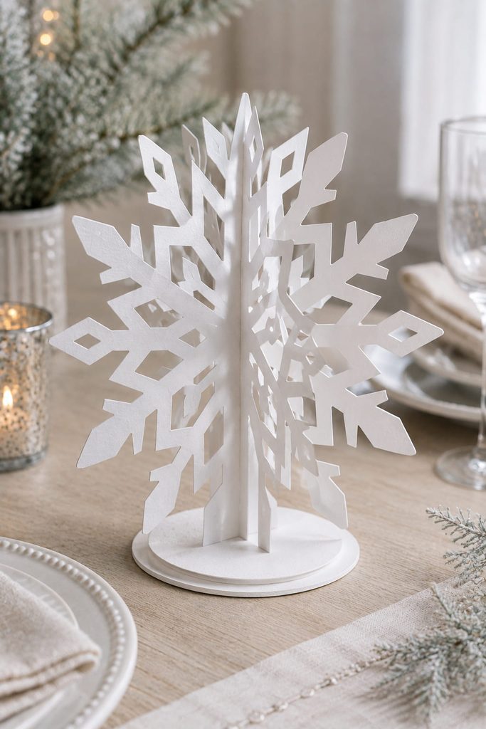 Freestanding slot-together cardstock snowflake centerpiece secured in a circular paper base.