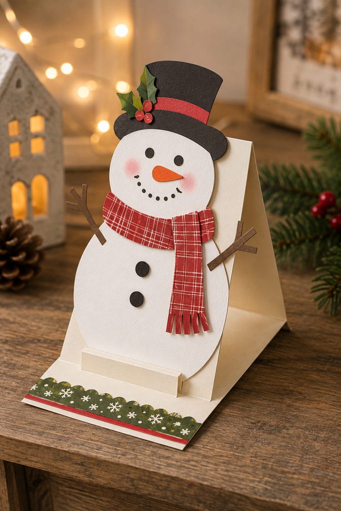 Freestanding snowman Christmas easel card supported at an upright display angle.