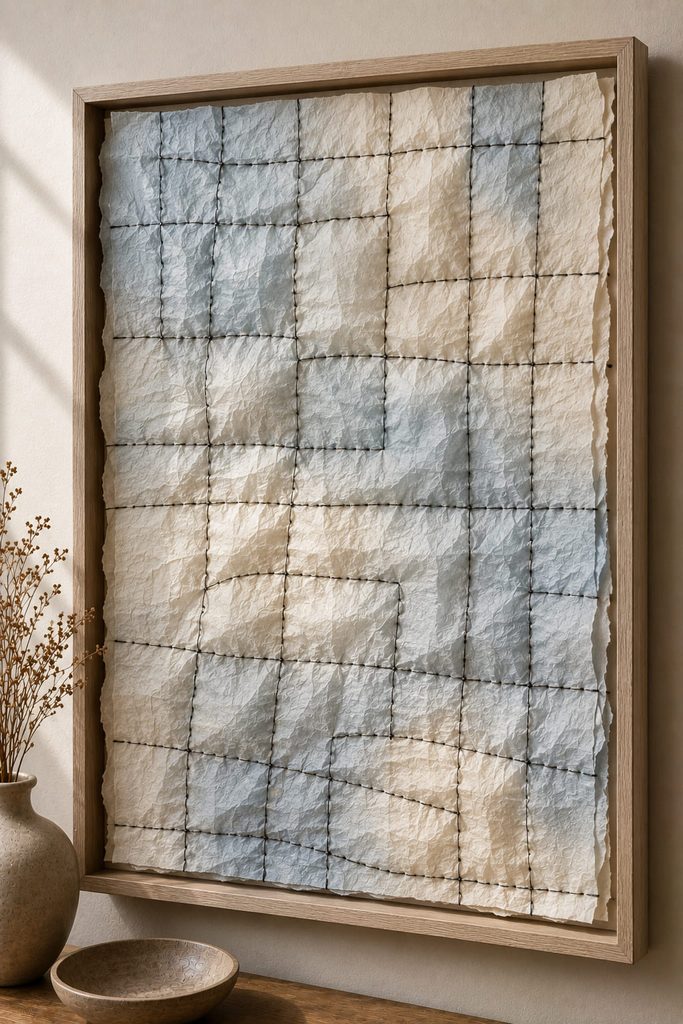 Layered tissue stitched into a loose dark-thread grid with subtle puckering between the lines.