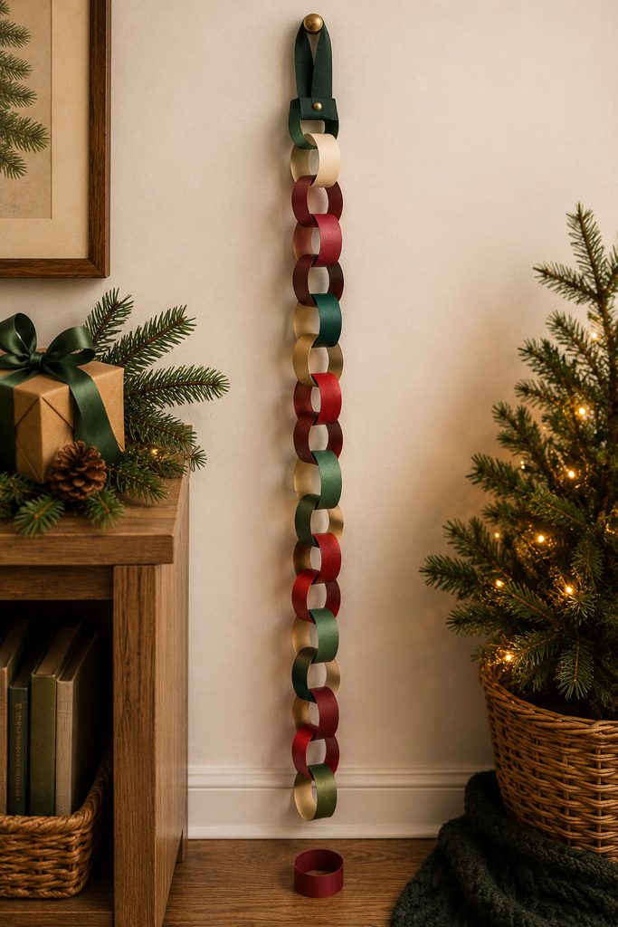 Vertical tear-away Christmas countdown chain with a removed paper link below it.
