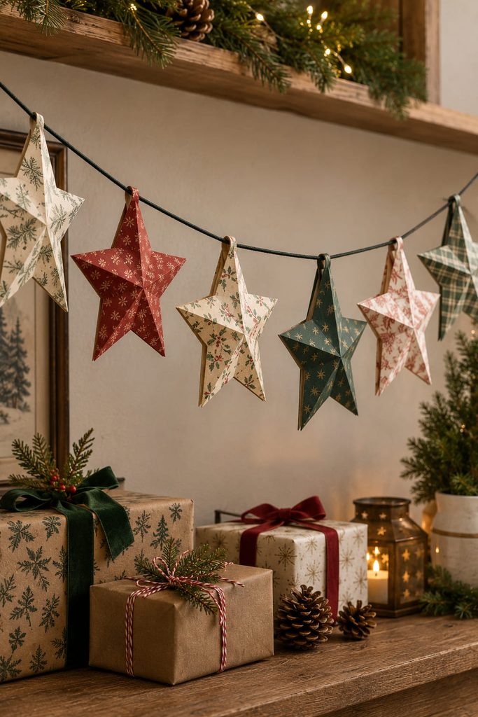 Fold-over paper star pennants secured around cord above wrapped gifts.
