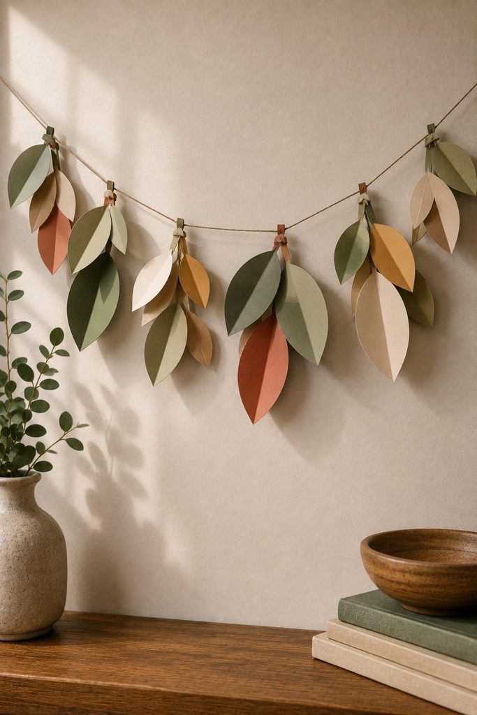 Hanging paper leaf garland with folded leaves spaced along a thin string.