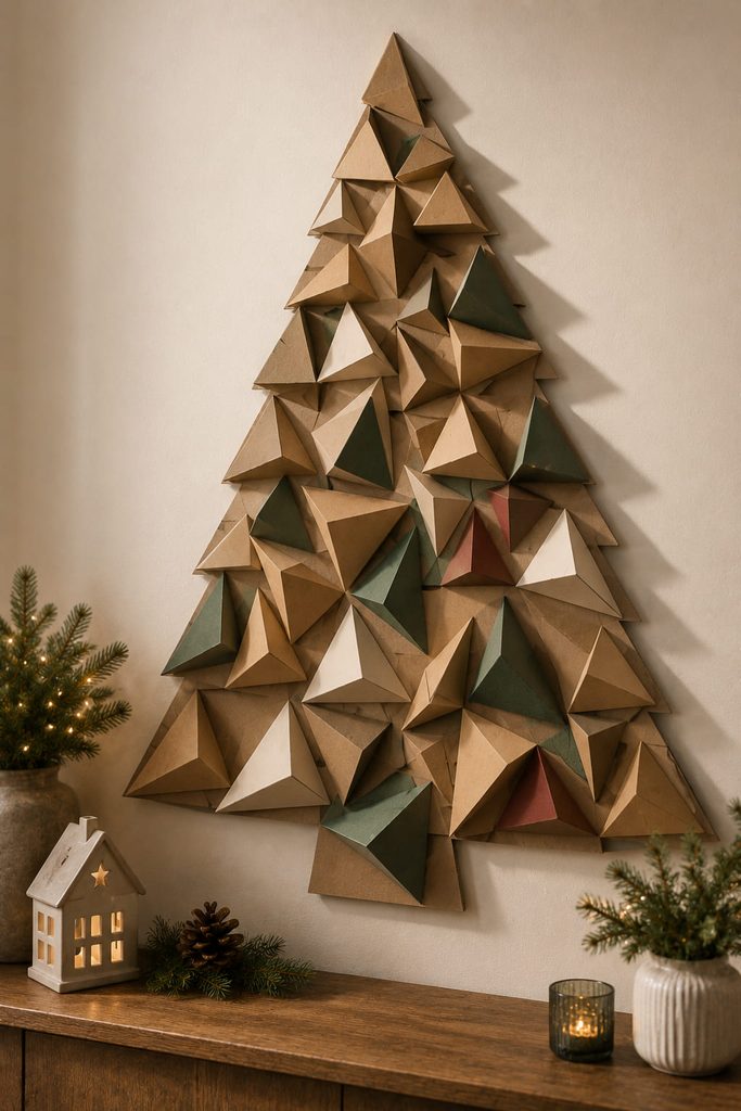 Folded cardboard prisms arranged into a dimensional Christmas tree wall sculpture.
