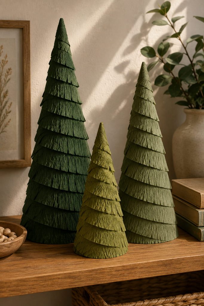 Crepe paper fringe wrapped in overlapping spirals around three tabletop cone trees.