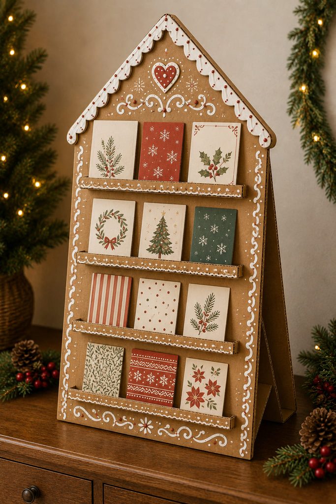Gingerbread house-shaped cardboard stand with shallow ledges displaying holiday cards.