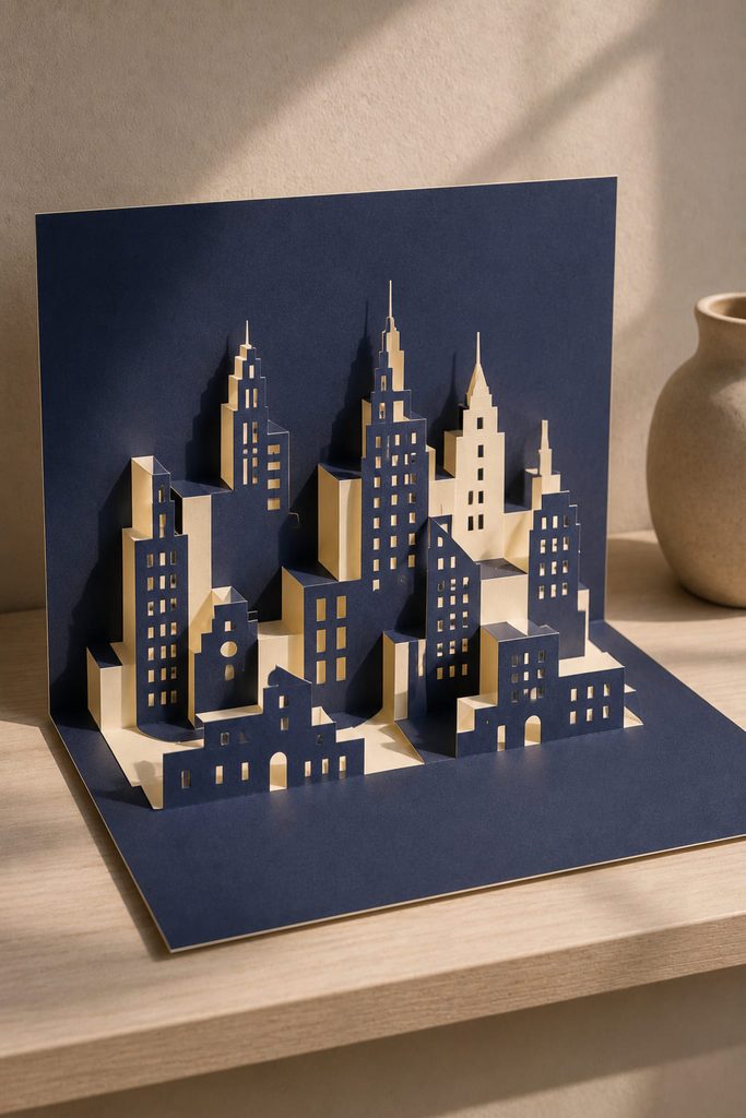 Kirigami paper cityscape with cut-and-fold buildings rising from a single connected sheet.