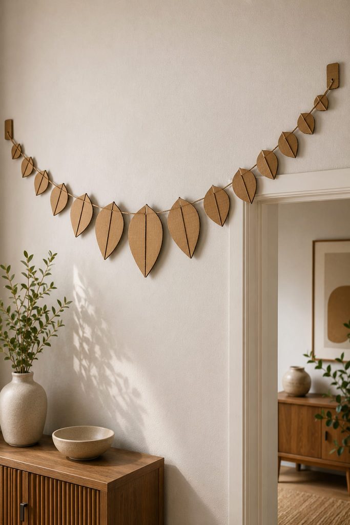 Linked cardboard leaf garland draped along a wall with paired leaves decreasing toward the ends.