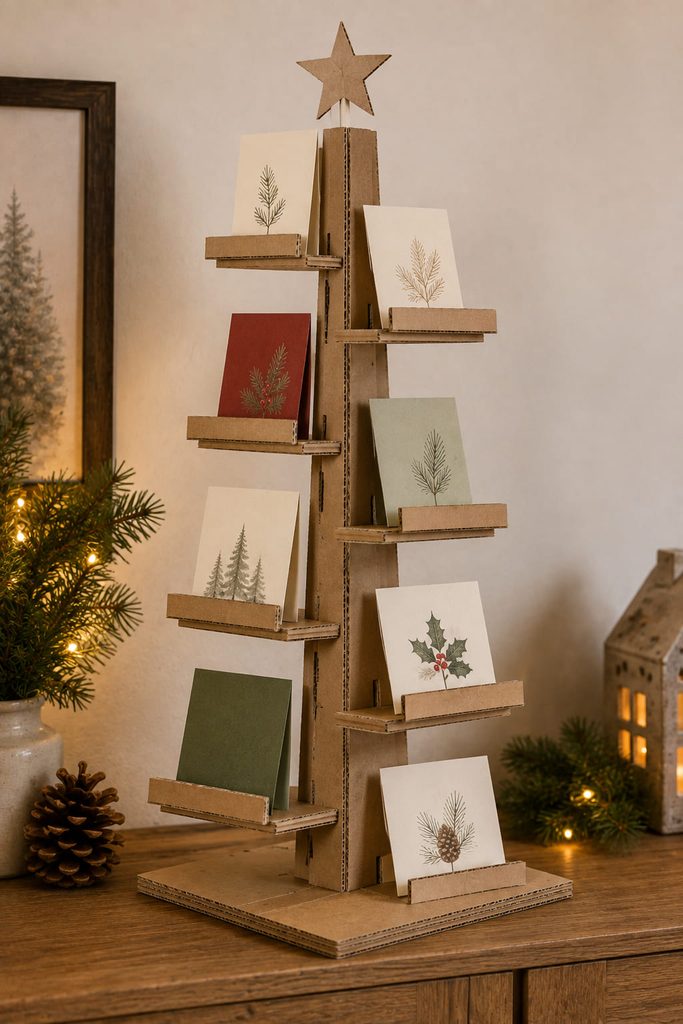Modular cardboard Christmas card display stand with a stable base and staggered slot-fit ledges.