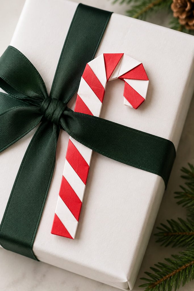 Narrow red and white folded paper candy cane tucked beneath green gift ribbon.