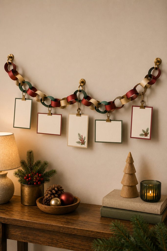 Reinforced paper chain displaying spaced Christmas cards with small lightweight clips.
