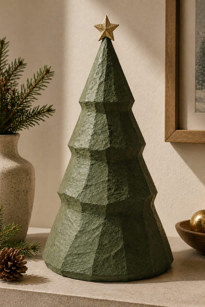Matte paper-mâché Christmas tree sculpture with a firm faceted shell and flat base.