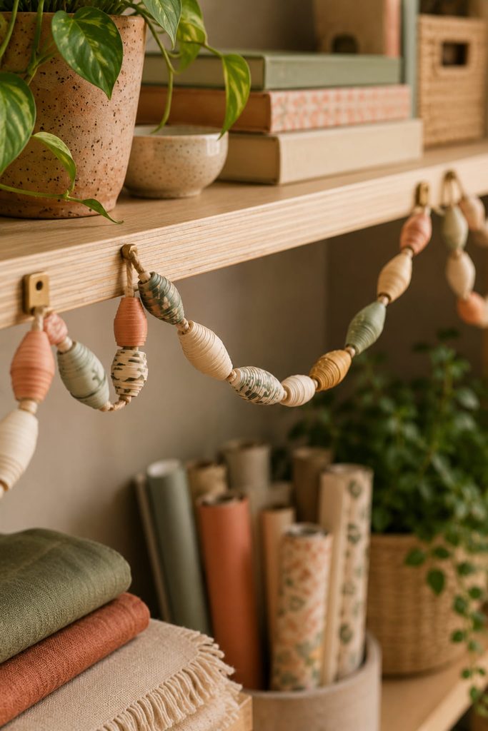 Rolled paper bead garland draped loosely along the edge of a craft shelf.