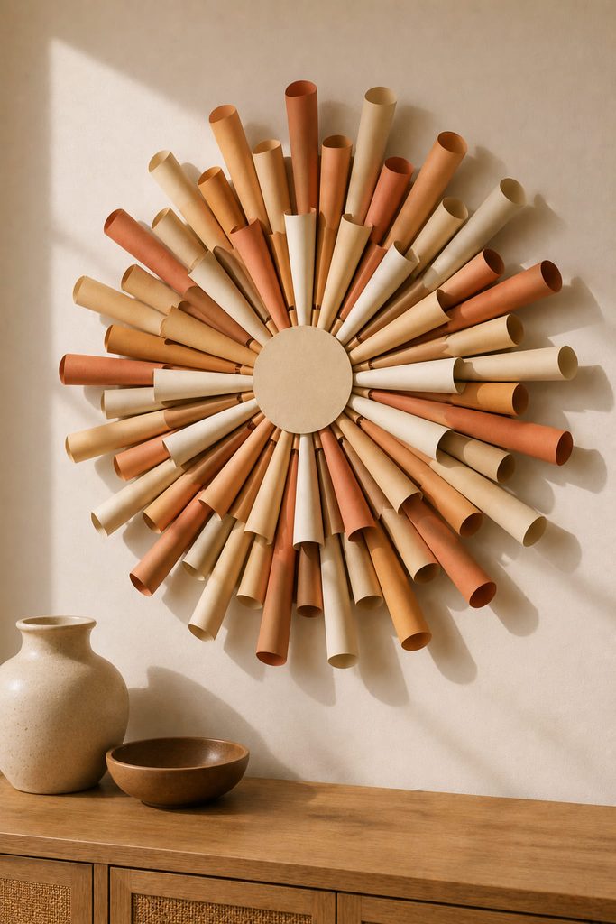 Radial wall sunburst assembled from tapered rolled paper cones around a circular base.