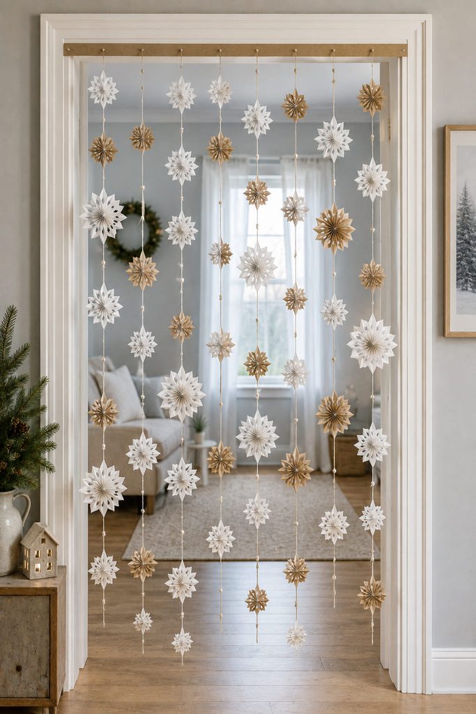 Independent strands of mini paper snowflakes forming a light curtain across a low-traffic doorway.