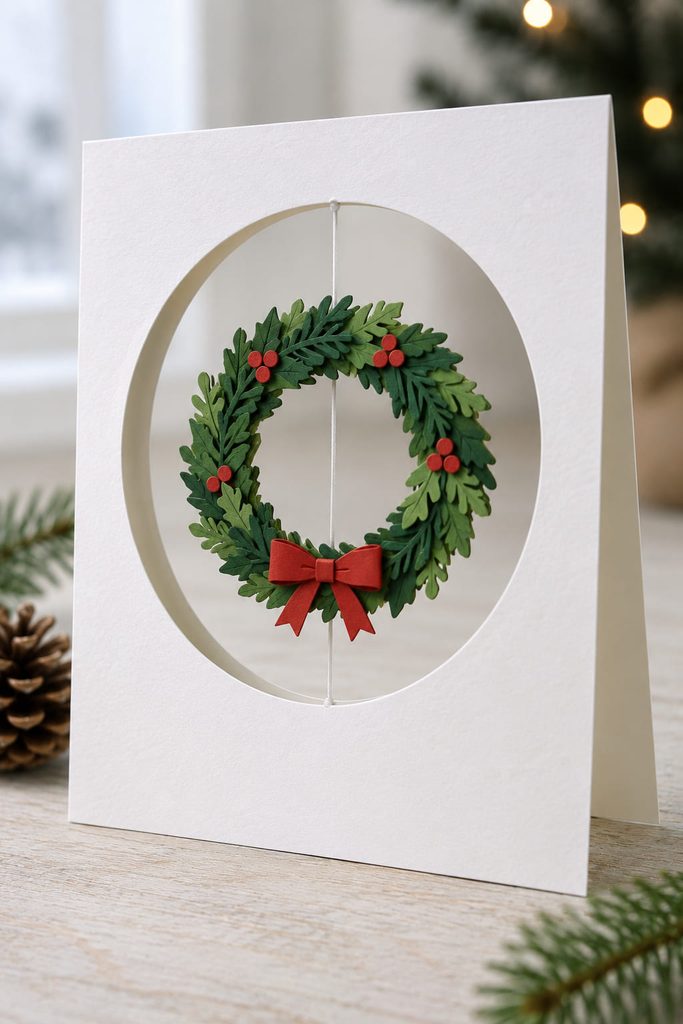 Paper wreath spinner suspended on thread inside a circular Christmas card opening.