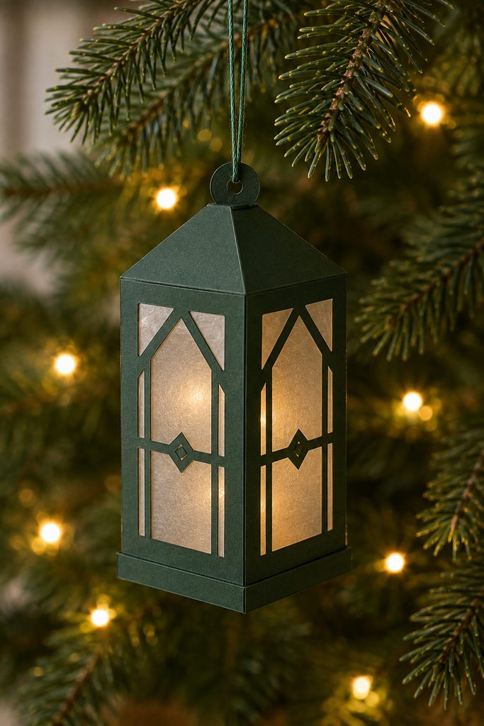 Green paper lantern ornament with translucent vellum windows catching nearby Christmas tree light.