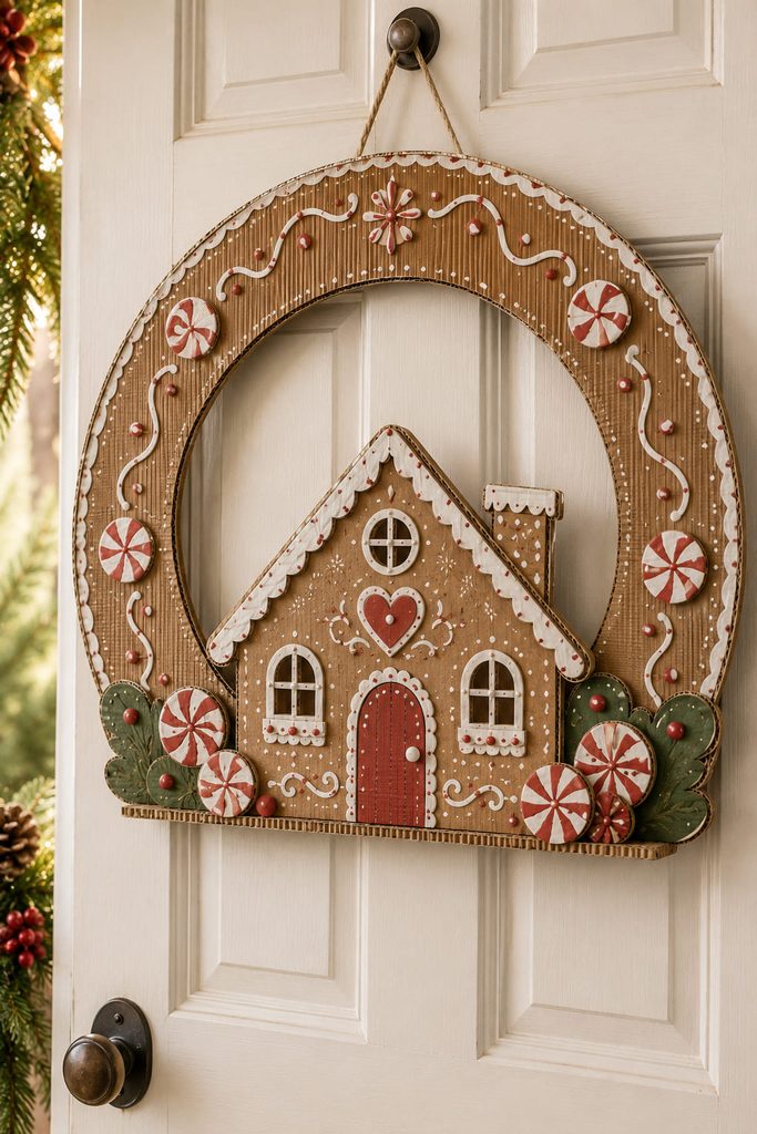 Cardboard gingerbread house wreath with a layered cottage facade mounted across a corrugated ring.