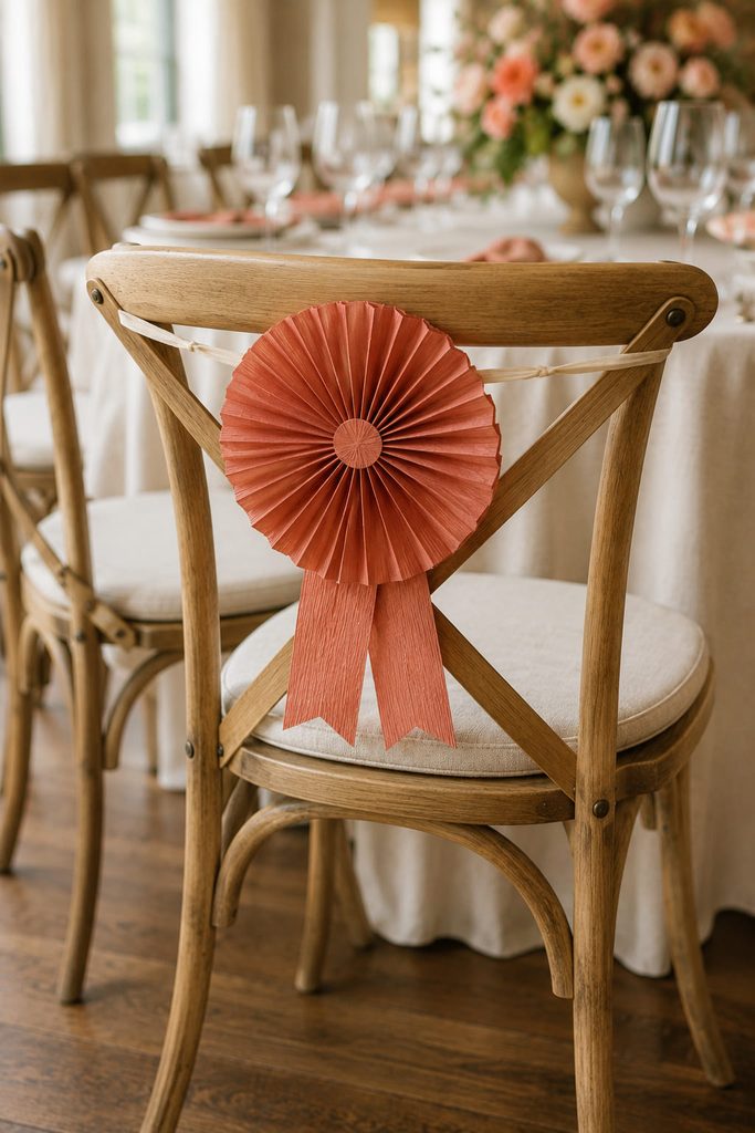 Pleated crepe paper rosette with short tails secured to the back of a dining chair.