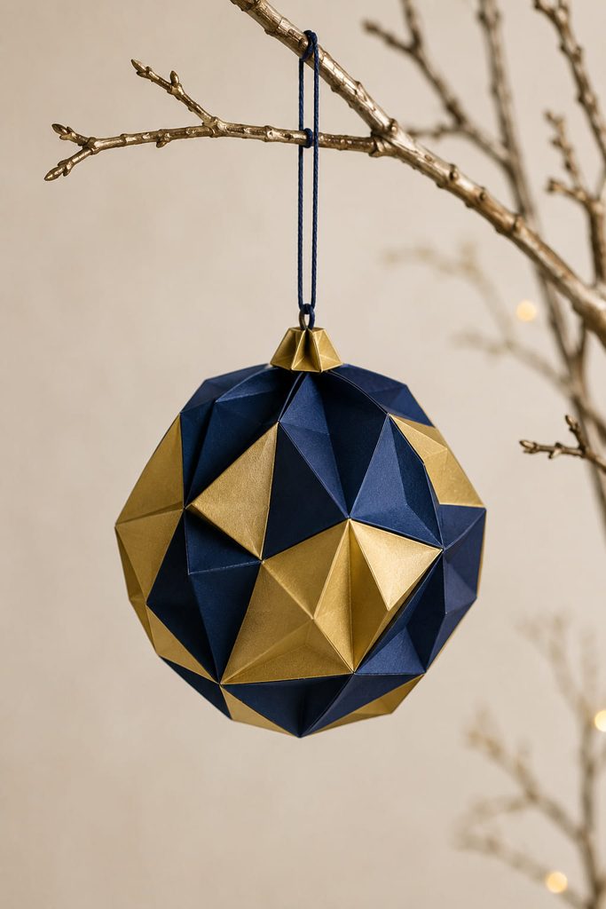 Navy and gold faceted origami bauble hanging securely from a bare holiday branch.
