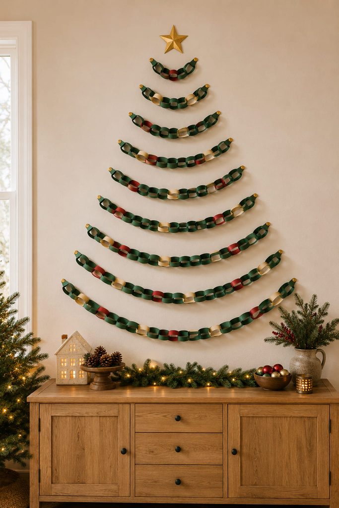 Large paper chain Christmas tree wall installation with looped swags widening toward the floor.