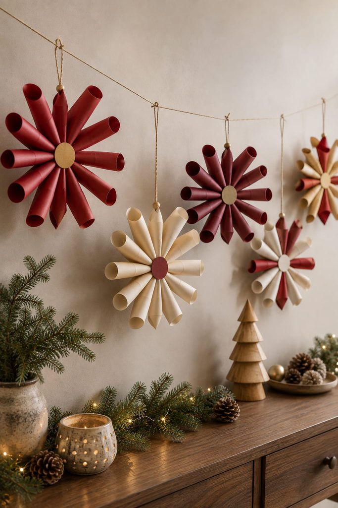 Modular paper cone starbursts hanging as sculptural Christmas garland pieces.