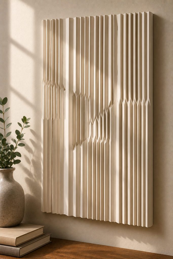 Monochrome pleated paper relief panel with geometric folds and deep directional shadows.