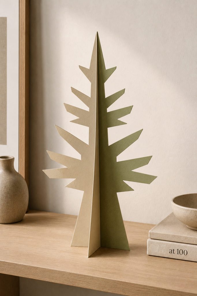 Slot-fit paper tree sculpture made from two interlocking cardstock profiles standing at right angles.