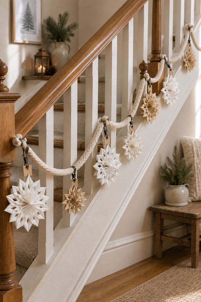 Clip-on paper snowflake rosettes arranged along a soft swag on the outside of a banister.