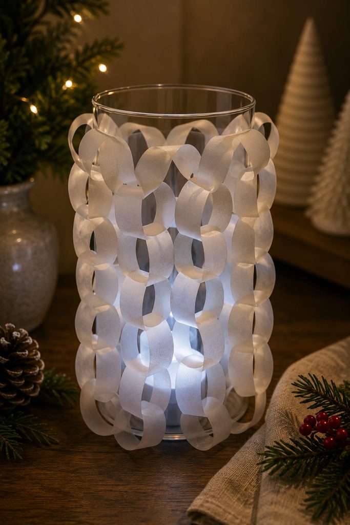 Translucent vellum paper links surrounding a cool LED lantern cylinder.