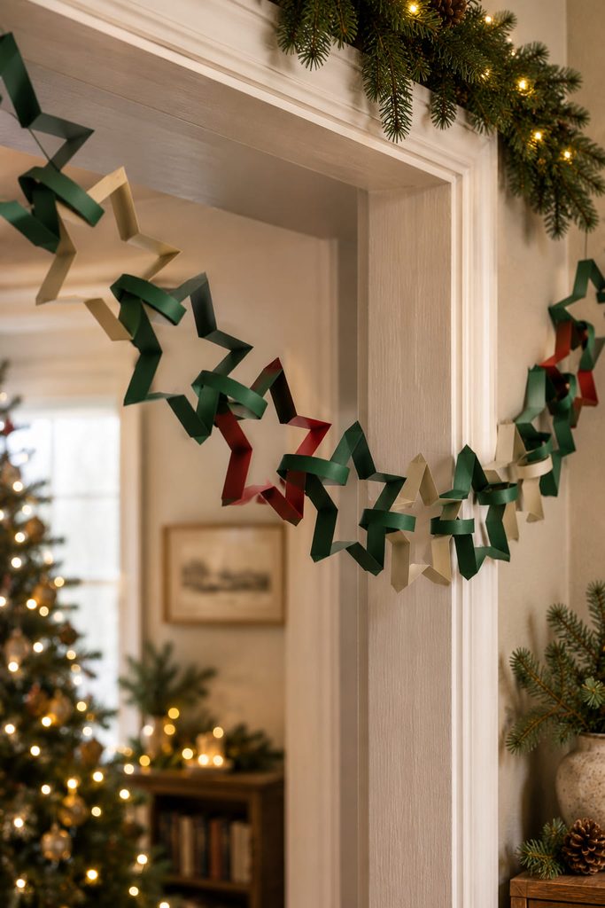 Open paper star links chained together across a Christmas doorway.