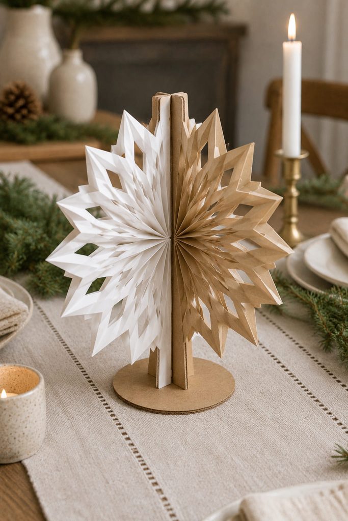 Crossed paper-bag snowflake centerpiece standing on intersecting cardstock spines and a small base.