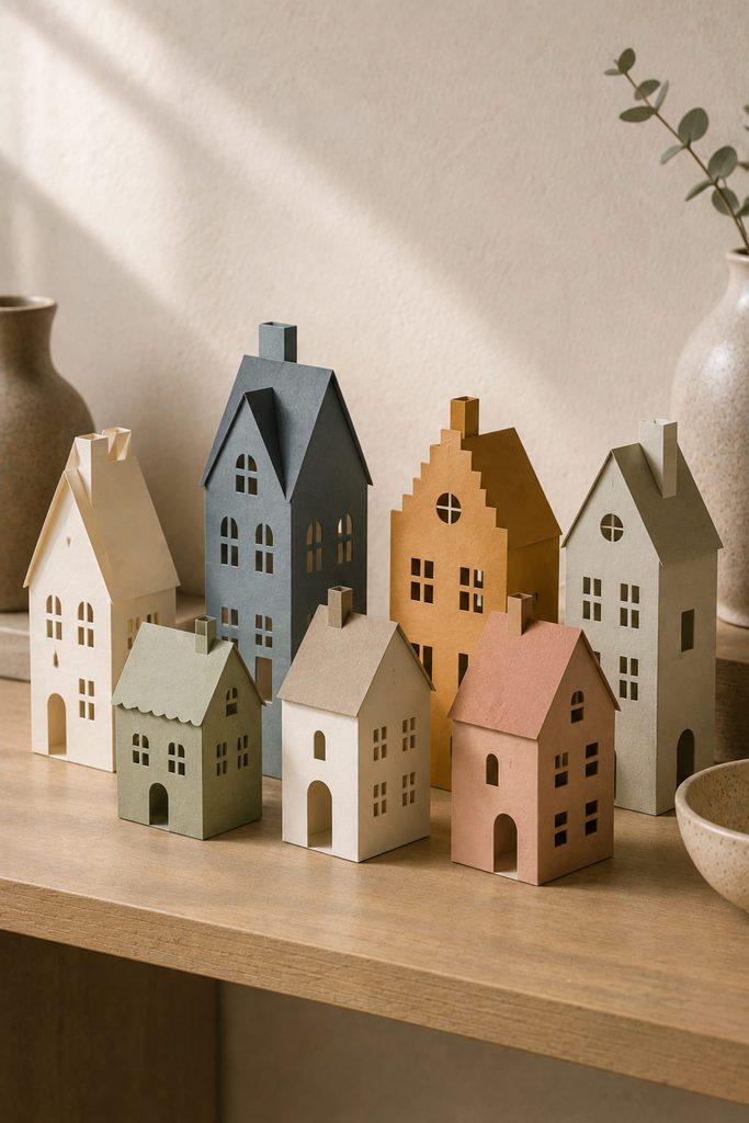 Folded cardstock house village with tab-built walls, pitched roofs, and varied freestanding silhouettes.